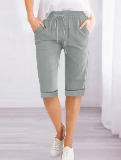 Women's Linen-Inspired Shorts Shorts Slacks Active Simple Casual Knee Length High Waist Plain Pocket Drawstring Elastic Waist Breathability Soft Comfortable Micro-elastic Vacation Casual Daily Weekend Women Pants