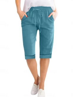 Women's Linen-Inspired Shorts Shorts Slacks Active Simple Casual Knee Length High Waist Plain Pocket Drawstring Elastic Waist Breathability Soft Comfortable Micro-elastic Vacation Casual Daily Weekend Women Pants