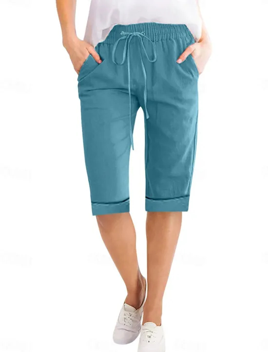 Women's Linen-Inspired Shorts Shorts Slacks Active Simple Casual Knee Length High Waist Plain Pocket Drawstring Elastic Waist Breathability Soft Comfortable Micro-elastic Vacation Casual Daily Weekend Women Pants