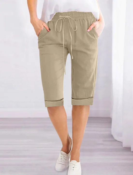 Women's Linen-Inspired Shorts Shorts Slacks Active Simple Casual Knee Length High Waist Plain Pocket Drawstring Elastic Waist Breathability Soft Comfortable Micro-elastic Vacation Casual Daily Weekend Women Pants
