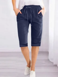 Women's Linen-Inspired Shorts Shorts Slacks Active Simple Casual Knee Length High Waist Plain Pocket Drawstring Elastic Waist Breathability Soft Comfortable Micro-elastic Vacation Casual Daily Weekend Women Pants