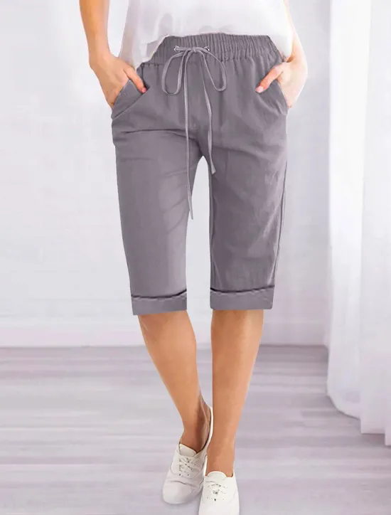 Women's Linen-Inspired Shorts Shorts Slacks Active Simple Casual Knee Length High Waist Plain Pocket Drawstring Elastic Waist Breathability Soft Comfortable Micro-elastic Vacation Casual Daily Weekend Women Pants