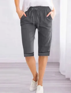 Women's Linen-Inspired Shorts Shorts Slacks Active Simple Casual Knee Length High Waist Plain Pocket Drawstring Elastic Waist Breathability Soft Comfortable Micro-elastic Vacation Casual Daily Weekend Women Pants