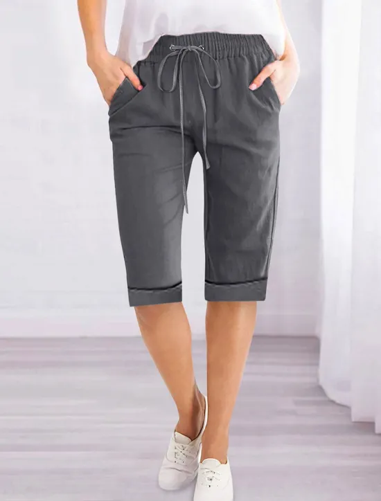 Women's Linen-Inspired Shorts Shorts Slacks Active Simple Casual Knee Length High Waist Plain Pocket Drawstring Elastic Waist Breathability Soft Comfortable Micro-elastic Vacation Casual Daily Weekend Women Pants