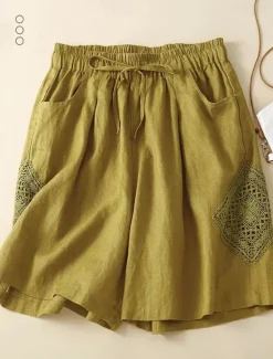 Hot Women's Linen-Inspired Shorts Shorts Slacks Streetwear Casual Short Natural Plain Pocket Elastic Drawstring Design Comfy Comfortable Street Holiday Casual Daily Black Yellow Blue Orange Summer Women Pants
