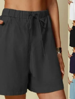Women's Linen-Inspired Shorts Shorts Palazzo Pants Streetwear Casual Short Natural Plain Pocket Elastic Drawstring Design Outdoor Comfortable Street Going out Light Sky Blue Black White Dark Navy Women Pants