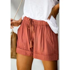 Best Women's Linen-Inspired Shorts Drawstring Pocket Plain Daily Regular Summer Green Black Pink Orange Red Women Pants