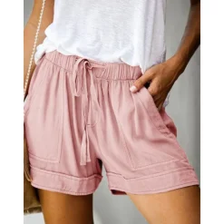 Best Women's Linen-Inspired Shorts Drawstring Pocket Plain Daily Regular Summer Green Black Pink Orange Red Women Pants