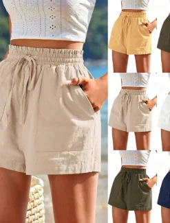 Best Women's Linen-Inspired Shorts Shorts Slacks Casual Short Natural Plain Pocket Elastic Drawstring Design Comfy Outdoor Street Daily Wear Navy White Yellow Army Green Summer Regular Fit Women Pants