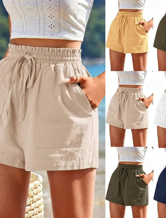 Best Women's Linen-Inspired Shorts Shorts Slacks Casual Short Natural Plain Pocket Elastic Drawstring Design Comfy Outdoor Street Daily Wear Navy White Yellow Army Green Summer Regular Fit Women Pants