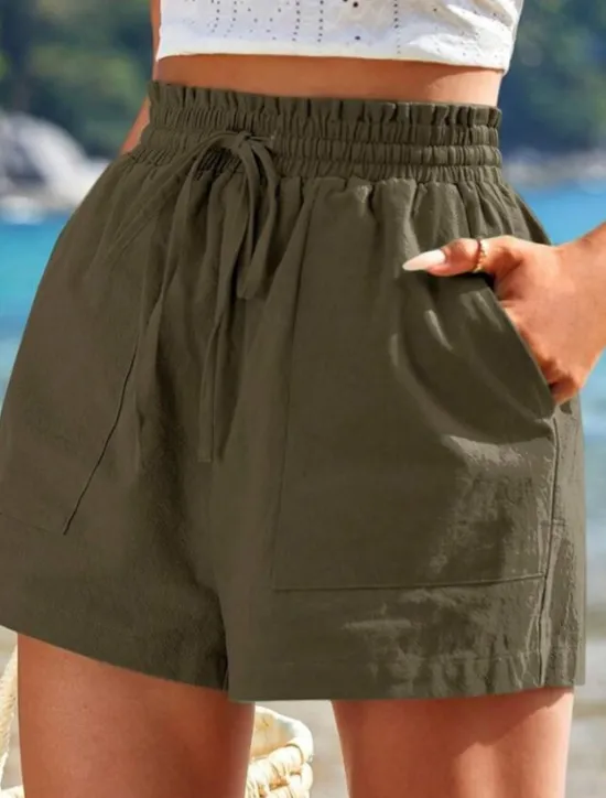 Best Women's Linen-Inspired Shorts Shorts Slacks Casual Short Natural Plain Pocket Elastic Drawstring Design Comfy Outdoor Street Daily Wear Navy White Yellow Army Green Summer Regular Fit Women Pants