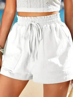 Best Women's Linen-Inspired Shorts Shorts Slacks Casual Short Natural Plain Pocket Elastic Drawstring Design Comfy Outdoor Street Daily Wear Navy White Yellow Army Green Summer Regular Fit Women Pants