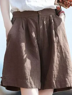Discount Women's Linen-Inspired Shorts Cotton Linen Pants Culottes Wide Leg Fashion Streetwear Basic Knee Length Medium Waist Plain Pocket Drawstring Comfort Outdoor Micro-elastic Vacation Street Daily rice Women Pants