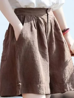 Discount Women's Linen-Inspired Shorts Cotton Linen Pants Culottes Wide Leg Fashion Streetwear Basic Knee Length Medium Waist Plain Pocket Drawstring Comfort Outdoor Micro-elastic Vacation Street Daily rice Women Pants