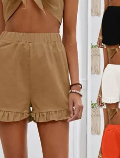 New Women's Linen-Inspired Shorts Shorts Slacks Streetwear Casual Short Natural Plain Pocket Elastic Waist Comfy Outdoor Going out Weekend Dark red Wine Navy Black Summer Regular Fit Women Pants