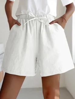 Women's Linen-Inspired Shorts Active Shorts Streetwear Simple Casual Short Mid Waist Plain Pocket Drawstring Breathable Soft Outdoor Micro-elastic Outdoor Vacation Casual Daily Ash Light Sky Blue Women Pants