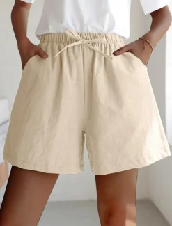 Women's Linen-Inspired Shorts Active Shorts Streetwear Simple Casual Short Mid Waist Plain Pocket Drawstring Breathable Soft Outdoor Micro-elastic Outdoor Vacation Casual Daily Ash Light Sky Blue Women Pants