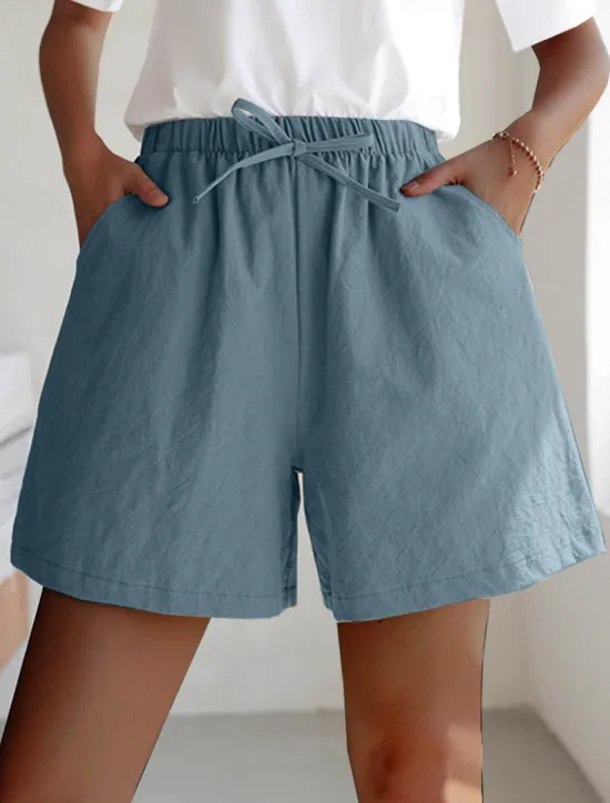 Women's Linen-Inspired Shorts Active Shorts Streetwear Simple Casual Short Mid Waist Plain Pocket Drawstring Breathable Soft Outdoor Micro-elastic Outdoor Vacation Casual Daily Ash Light Sky Blue Women Pants