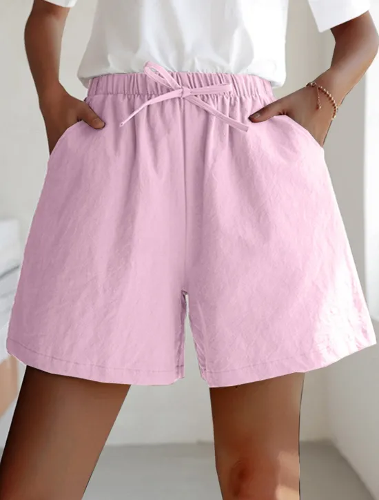 Women's Linen-Inspired Shorts Active Shorts Streetwear Simple Casual Short Mid Waist Plain Pocket Drawstring Breathable Soft Outdoor Micro-elastic Outdoor Vacation Casual Daily Ash Light Sky Blue Women Pants