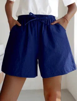 Women's Linen-Inspired Shorts Active Shorts Streetwear Simple Casual Short Mid Waist Plain Pocket Drawstring Breathable Soft Outdoor Micro-elastic Outdoor Vacation Casual Daily Ash Light Sky Blue Women Pants