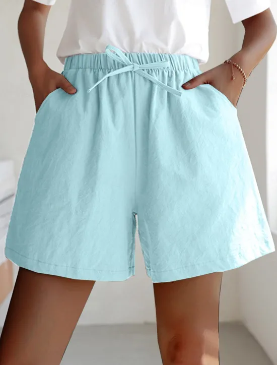 Women's Linen-Inspired Shorts Active Shorts Streetwear Simple Casual Short Mid Waist Plain Pocket Drawstring Breathable Soft Outdoor Micro-elastic Outdoor Vacation Casual Daily Ash Light Sky Blue Women Pants