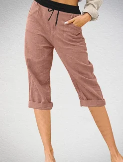 Outlet Women's Linen-Inspired Shorts Chinos Fashion Streetwear Basic Calf-Length Medium Waist Color Block Pocket Drawstring Comfort Outdoor Micro-elastic Vacation Street Daily Grey Black Pink Sky Blue Women Pants