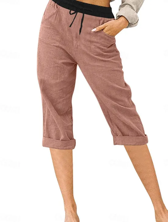 Outlet Women's Linen-Inspired Shorts Chinos Fashion Streetwear Basic Calf-Length Medium Waist Color Block Pocket Drawstring Comfort Outdoor Micro-elastic Vacation Street Daily Grey Black Pink Sky Blue Women Pants