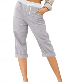 Outlet Women's Linen-Inspired Shorts Chinos Fashion Streetwear Basic Calf-Length Medium Waist Color Block Pocket Drawstring Comfort Outdoor Micro-elastic Vacation Street Daily Grey Black Pink Sky Blue Women Pants