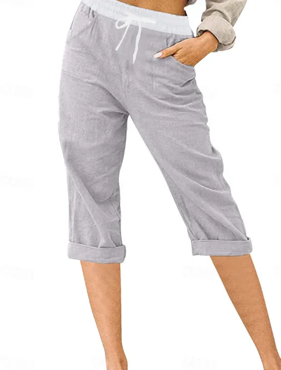 Outlet Women's Linen-Inspired Shorts Chinos Fashion Streetwear Basic Calf-Length Medium Waist Color Block Pocket Drawstring Comfort Outdoor Micro-elastic Vacation Street Daily Grey Black Pink Sky Blue Women Pants