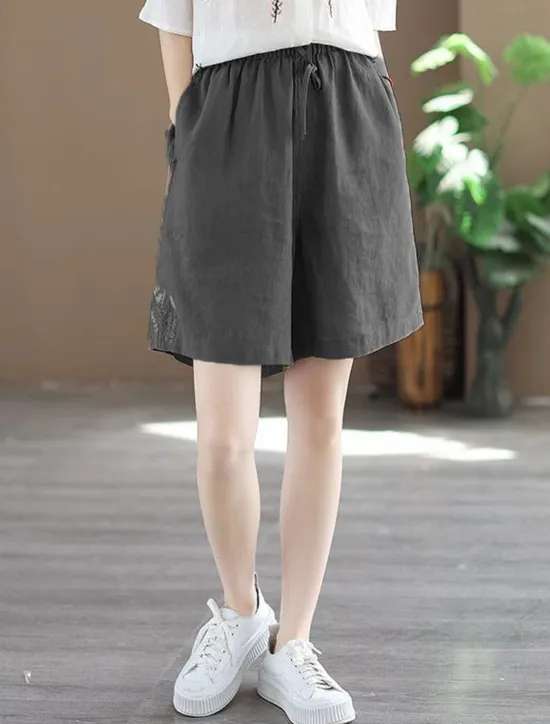 New Women's Linen-Inspired Shorts Shorts Slacks Streetwear Casual Short Natural Plain Embroidered Pocket Elastic Drawstring Design Comfy Outdoor Comfortable Street Going out Gray Green Apricot Black Blue Women Pants