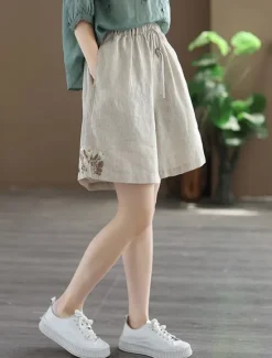 New Women's Linen-Inspired Shorts Shorts Slacks Streetwear Casual Short Natural Plain Embroidered Pocket Elastic Drawstring Design Comfy Outdoor Comfortable Street Going out Gray Green Apricot Black Blue Women Pants