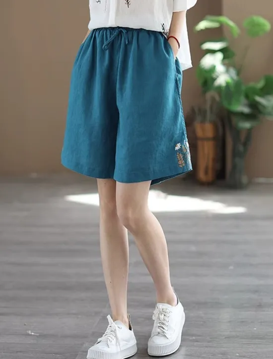 New Women's Linen-Inspired Shorts Shorts Slacks Streetwear Casual Short Natural Plain Embroidered Pocket Elastic Drawstring Design Comfy Outdoor Comfortable Street Going out Gray Green Apricot Black Blue Women Pants