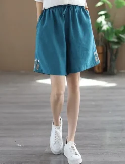 New Women's Linen-Inspired Shorts Shorts Slacks Streetwear Casual Short Natural Plain Embroidered Pocket Elastic Drawstring Design Comfy Outdoor Comfortable Street Going out Gray Green Apricot Black Blue Women Pants