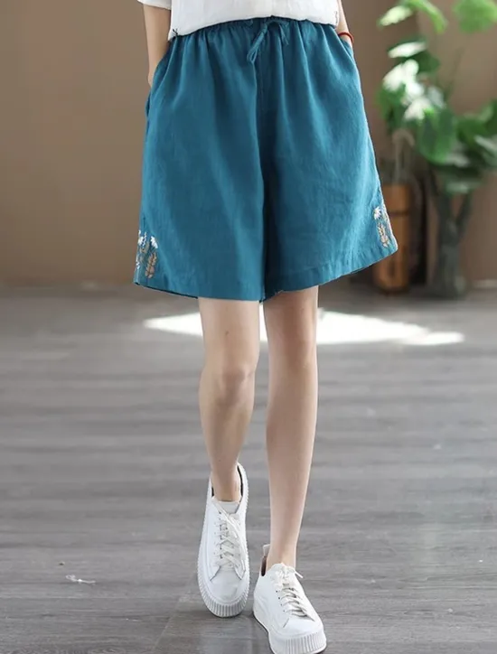 New Women's Linen-Inspired Shorts Shorts Slacks Streetwear Casual Short Natural Plain Embroidered Pocket Elastic Drawstring Design Comfy Outdoor Comfortable Street Going out Gray Green Apricot Black Blue Women Pants