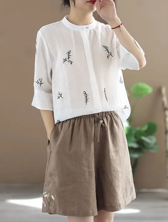 New Women's Linen-Inspired Shorts Shorts Slacks Streetwear Casual Short Natural Plain Embroidered Pocket Elastic Drawstring Design Comfy Outdoor Comfortable Street Going out Gray Green Apricot Black Blue Women Pants