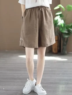 New Women's Linen-Inspired Shorts Shorts Slacks Streetwear Casual Short Natural Plain Embroidered Pocket Elastic Drawstring Design Comfy Outdoor Comfortable Street Going out Gray Green Apricot Black Blue Women Pants