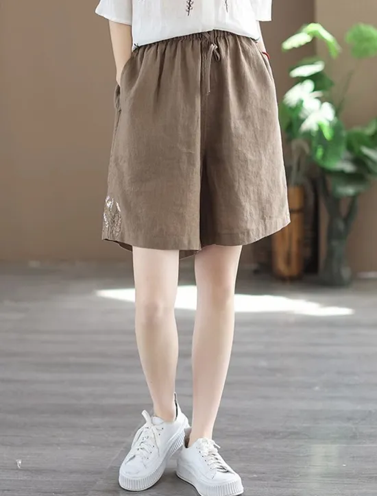 New Women's Linen-Inspired Shorts Shorts Slacks Streetwear Casual Short Natural Plain Embroidered Pocket Elastic Drawstring Design Comfy Outdoor Comfortable Street Going out Gray Green Apricot Black Blue Women Pants