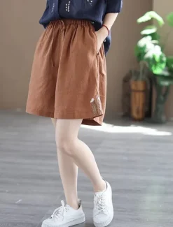 New Women's Linen-Inspired Shorts Shorts Slacks Streetwear Casual Short Natural Plain Embroidered Pocket Elastic Drawstring Design Comfy Outdoor Comfortable Street Going out Gray Green Apricot Black Blue Women Pants