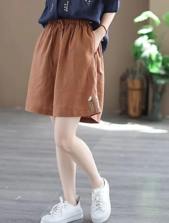 New Women's Linen-Inspired Shorts Shorts Slacks Streetwear Casual Short Natural Plain Embroidered Pocket Elastic Drawstring Design Comfy Outdoor Comfortable Street Going out Gray Green Apricot Black Blue Women Pants