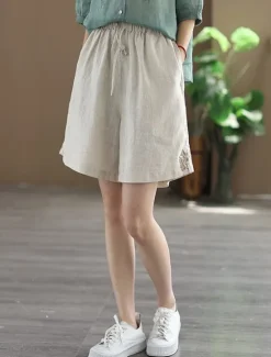 New Women's Linen-Inspired Shorts Shorts Slacks Streetwear Casual Short Natural Plain Embroidered Pocket Elastic Drawstring Design Comfy Outdoor Comfortable Street Going out Gray Green Apricot Black Blue Women Pants