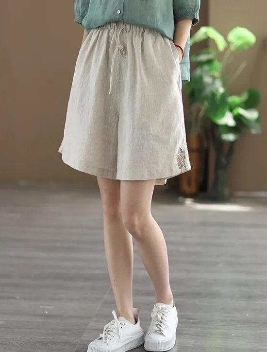 New Women's Linen-Inspired Shorts Shorts Slacks Streetwear Casual Short Natural Plain Embroidered Pocket Elastic Drawstring Design Comfy Outdoor Comfortable Street Going out Gray Green Apricot Black Blue Women Pants
