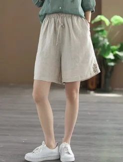New Women's Linen-Inspired Shorts Shorts Slacks Streetwear Casual Short Natural Plain Embroidered Pocket Elastic Drawstring Design Comfy Outdoor Comfortable Street Going out Gray Green Apricot Black Blue Women Pants