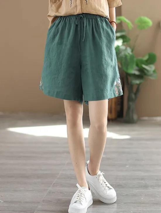 New Women's Linen-Inspired Shorts Shorts Slacks Streetwear Casual Short Natural Plain Embroidered Pocket Elastic Drawstring Design Comfy Outdoor Comfortable Street Going out Gray Green Apricot Black Blue Women Pants