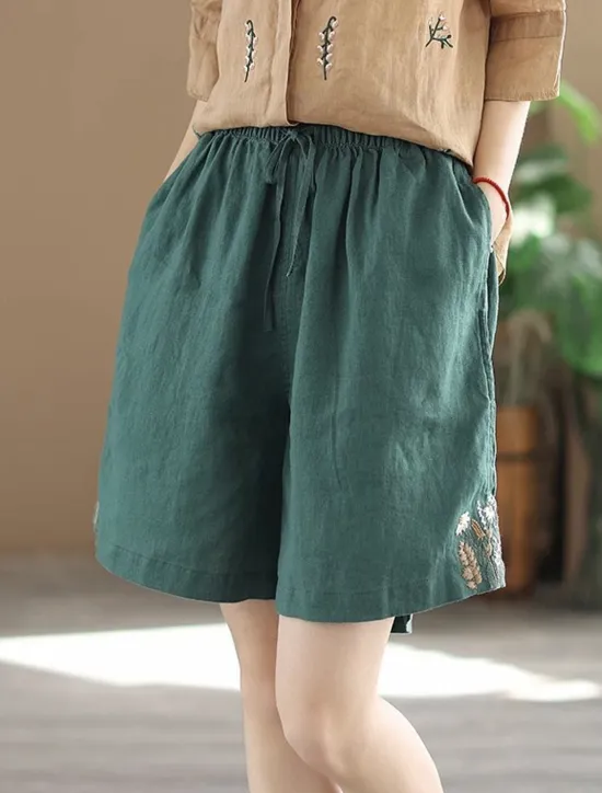 New Women's Linen-Inspired Shorts Shorts Slacks Streetwear Casual Short Natural Plain Embroidered Pocket Elastic Drawstring Design Comfy Outdoor Comfortable Street Going out Gray Green Apricot Black Blue Women Pants