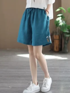 New Women's Linen-Inspired Shorts Shorts Slacks Streetwear Casual Short Natural Plain Embroidered Pocket Elastic Drawstring Design Comfy Outdoor Comfortable Street Going out Gray Green Apricot Black Blue Women Pants