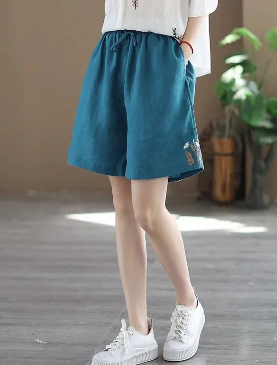 New Women's Linen-Inspired Shorts Shorts Slacks Streetwear Casual Short Natural Plain Embroidered Pocket Elastic Drawstring Design Comfy Outdoor Comfortable Street Going out Gray Green Apricot Black Blue Women Pants