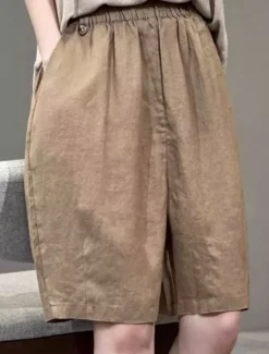 Online Women's Linen-Inspired Shorts Cotton Linen Pants Culottes Wide Leg Fashion Streetwear Knee Length Medium Waist Plain Pocket Elastic Waistband Comfy Soft Comfortable Micro-elastic Outdoor Street Women Pants