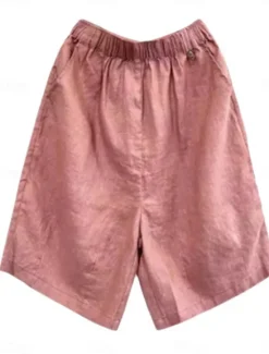 Online Women's Linen-Inspired Shorts Cotton Linen Pants Culottes Wide Leg Fashion Streetwear Knee Length Medium Waist Plain Pocket Elastic Waistband Comfy Soft Comfortable Micro-elastic Outdoor Street Women Pants