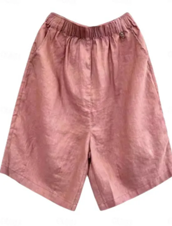 Online Women's Linen-Inspired Shorts Cotton Linen Pants Culottes Wide Leg Fashion Streetwear Knee Length Medium Waist Plain Pocket Elastic Waistband Comfy Soft Comfortable Micro-elastic Outdoor Street Women Pants
