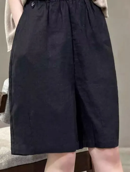 Online Women's Linen-Inspired Shorts Cotton Linen Pants Culottes Wide Leg Fashion Streetwear Knee Length Medium Waist Plain Pocket Elastic Waistband Comfy Soft Comfortable Micro-elastic Outdoor Street Women Pants